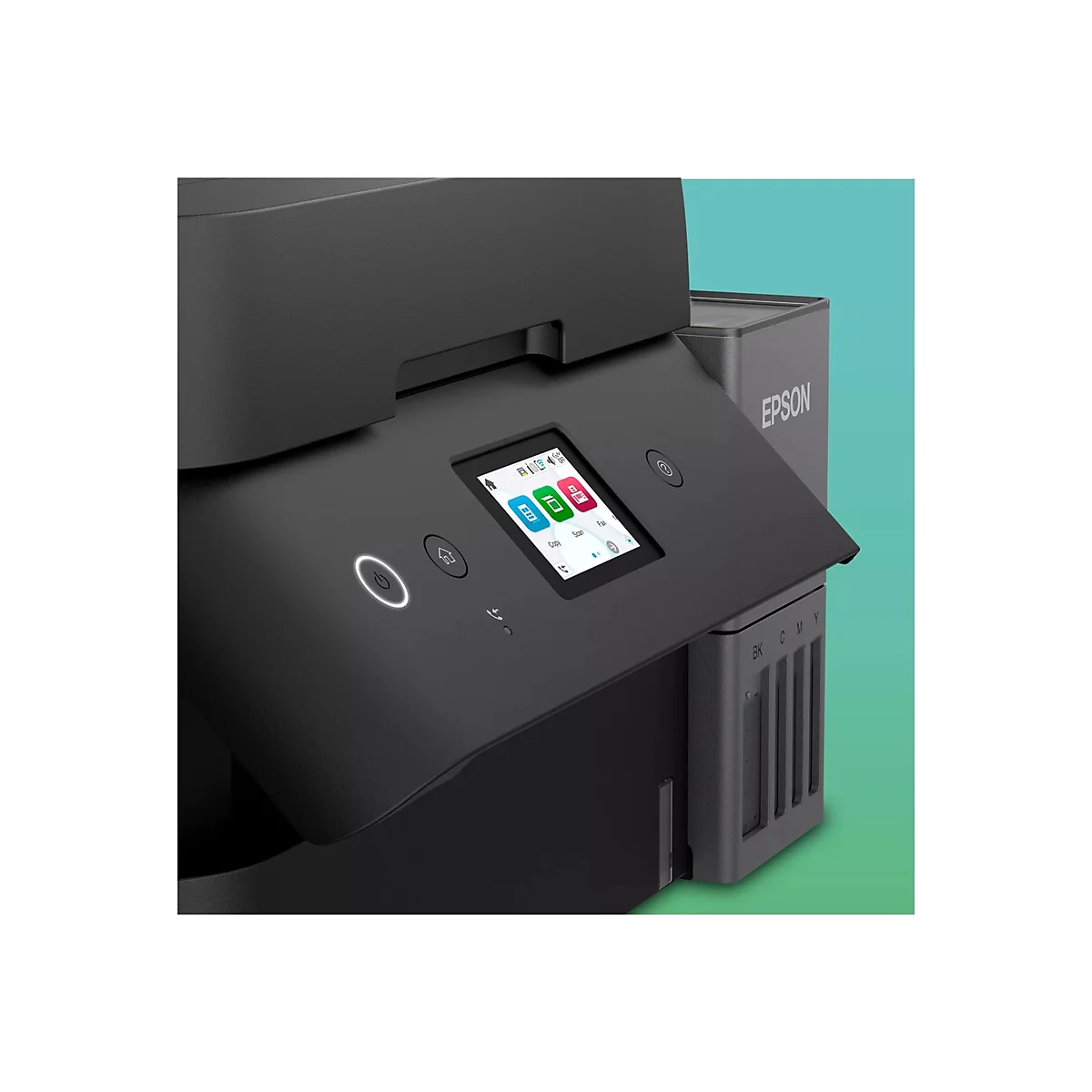 Nahaufnahme des Bedienfelds eines schwarzen Epson-Druckers mit Touchscreen-Display und Tintentanks.
