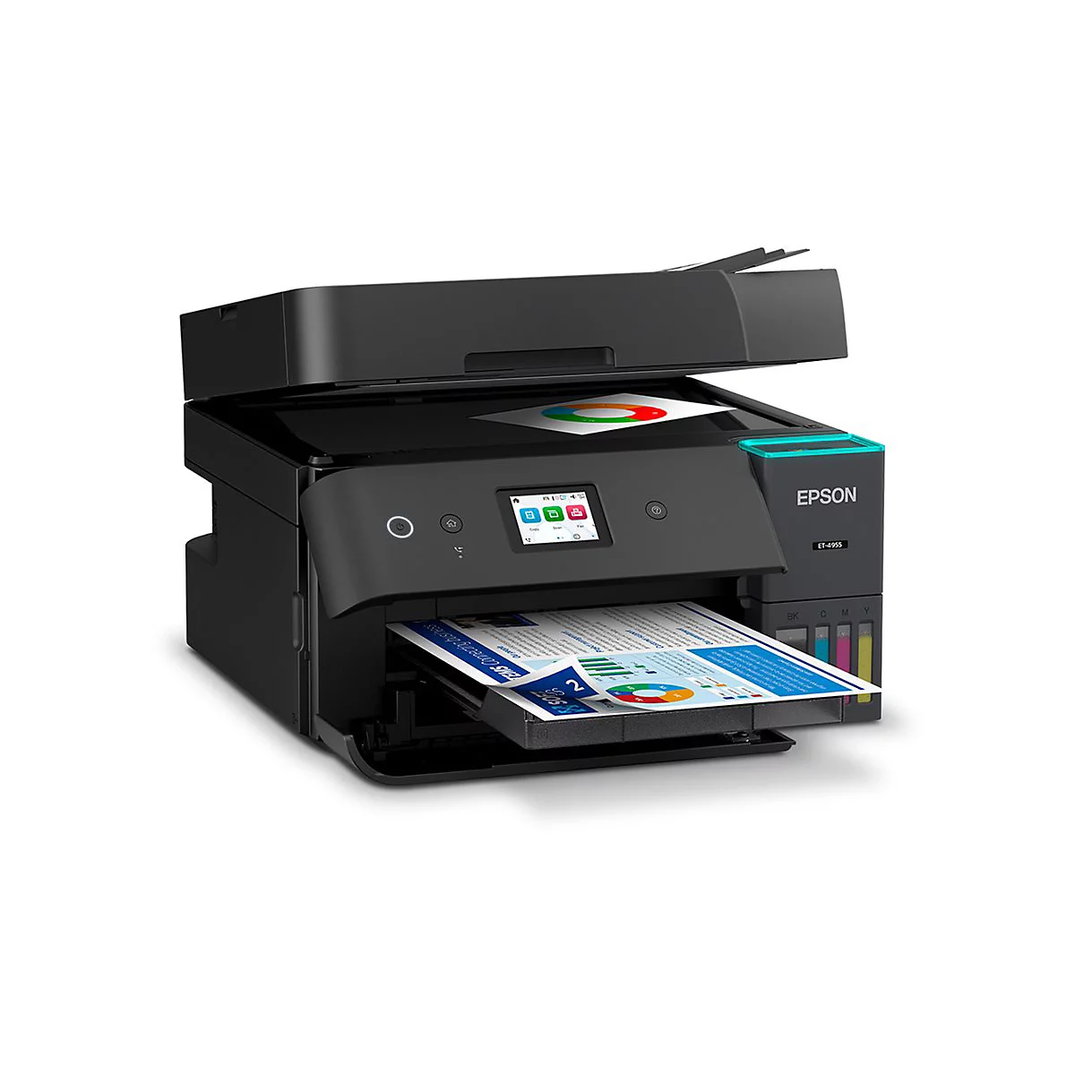 Schwarzer Epson EcoTank ET-4955 Multifunktionsdrucker mit Tintentanks und farbigen Diagrammen auf Papier.