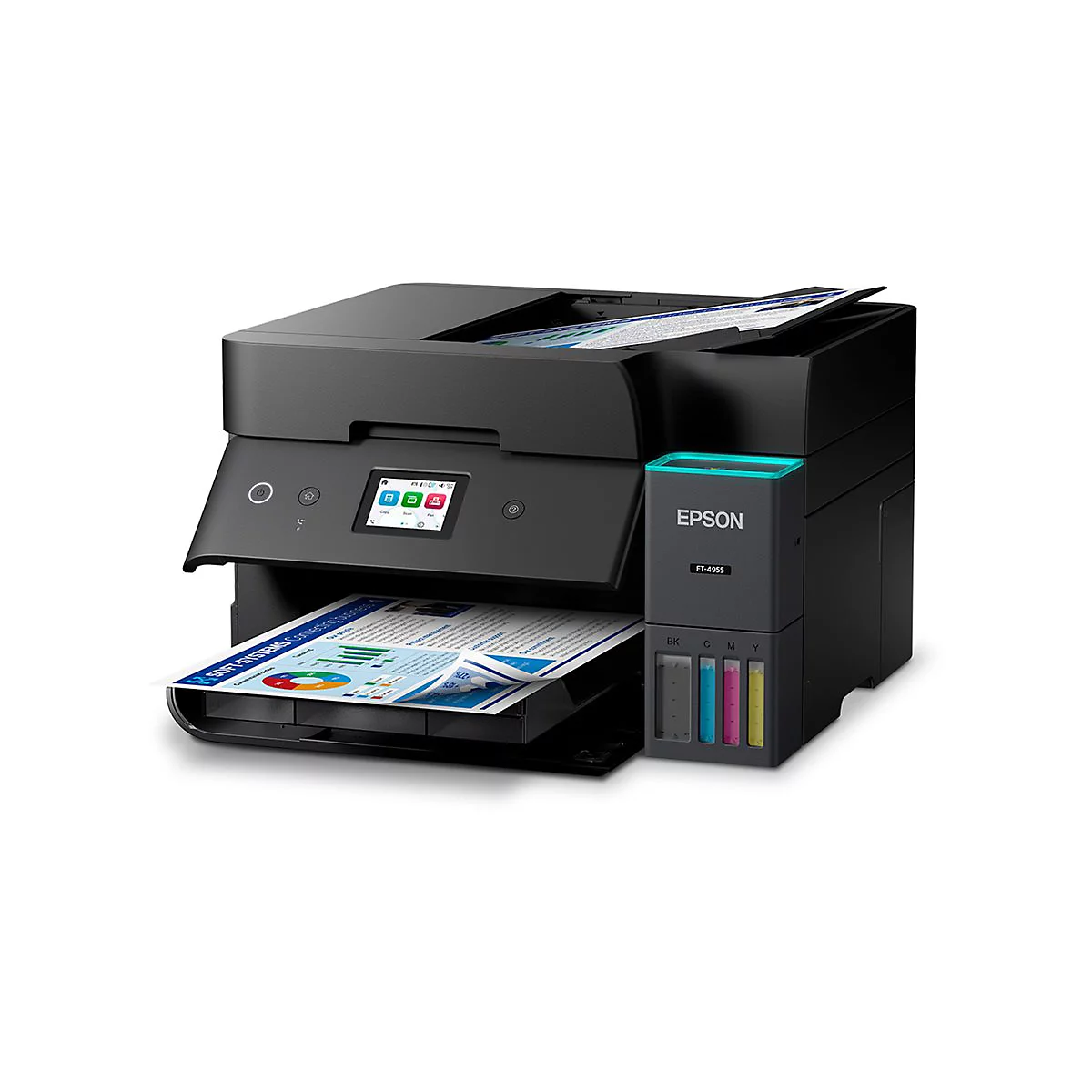 Schwarzer Epson ET-4955 Tintentankdrucker vor weißem Hintergrund mit eingelegtem Dokument.