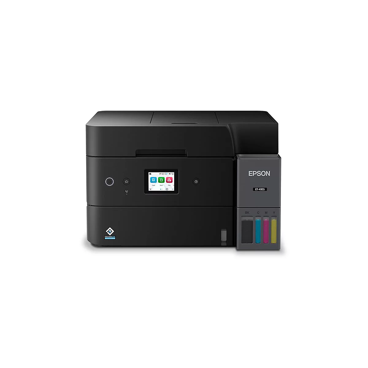 Schwarzer Epson EcoTank ET-4955 Drucker mit integriertem Tintentank-System und Farb-Touchscreen an der Vorderseite.