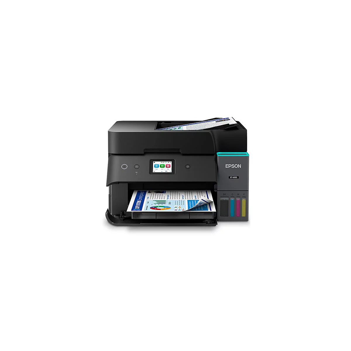 Epson ET-4955 Tintentank-Multifunktionsdrucker in Schwarz mit sichtbaren Farbtanks auf weißem Hintergrund.