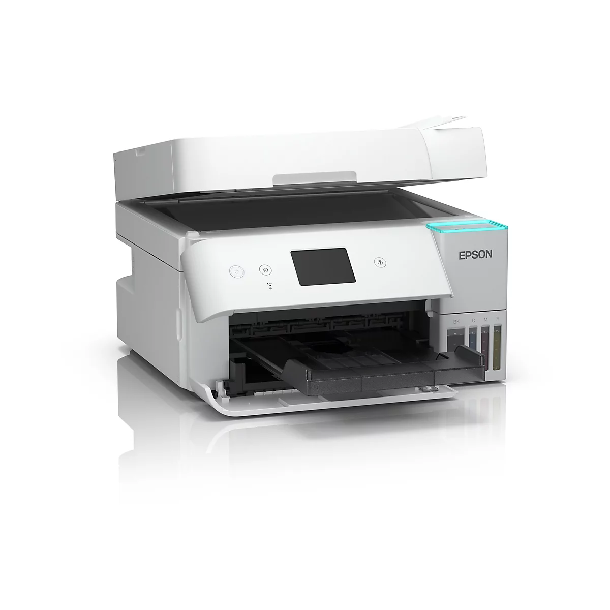Weißer Epson Tintenstrahldrucker mit offenem Scannerdeckel und sichtbaren Tintentanks auf weißem Hintergrund.