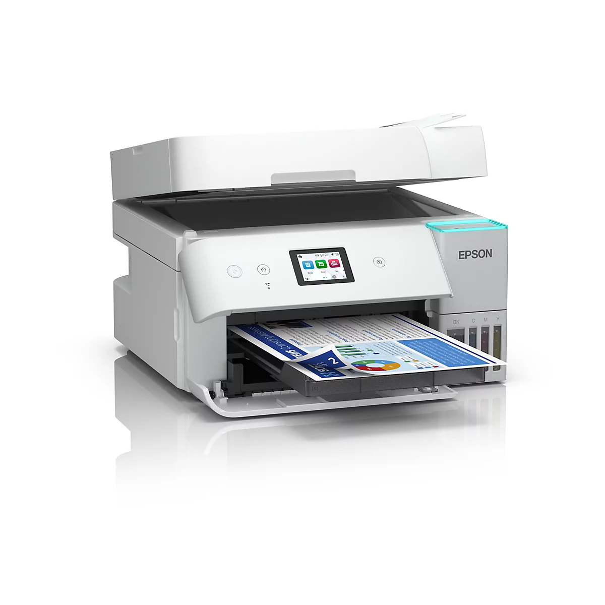 Une imprimante multifonction Epson grise avec le couvercle ouvert imprime une feuille de graphiques. Des icônes sont visibles sur l'écran.