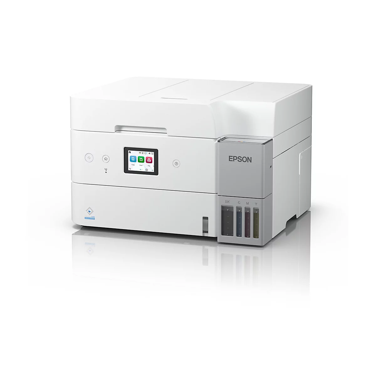 Imprimante blanche sur fond clair. Panneau de contrôle avec symboles. Logo Epson. Réservoirs d'encre visibles.