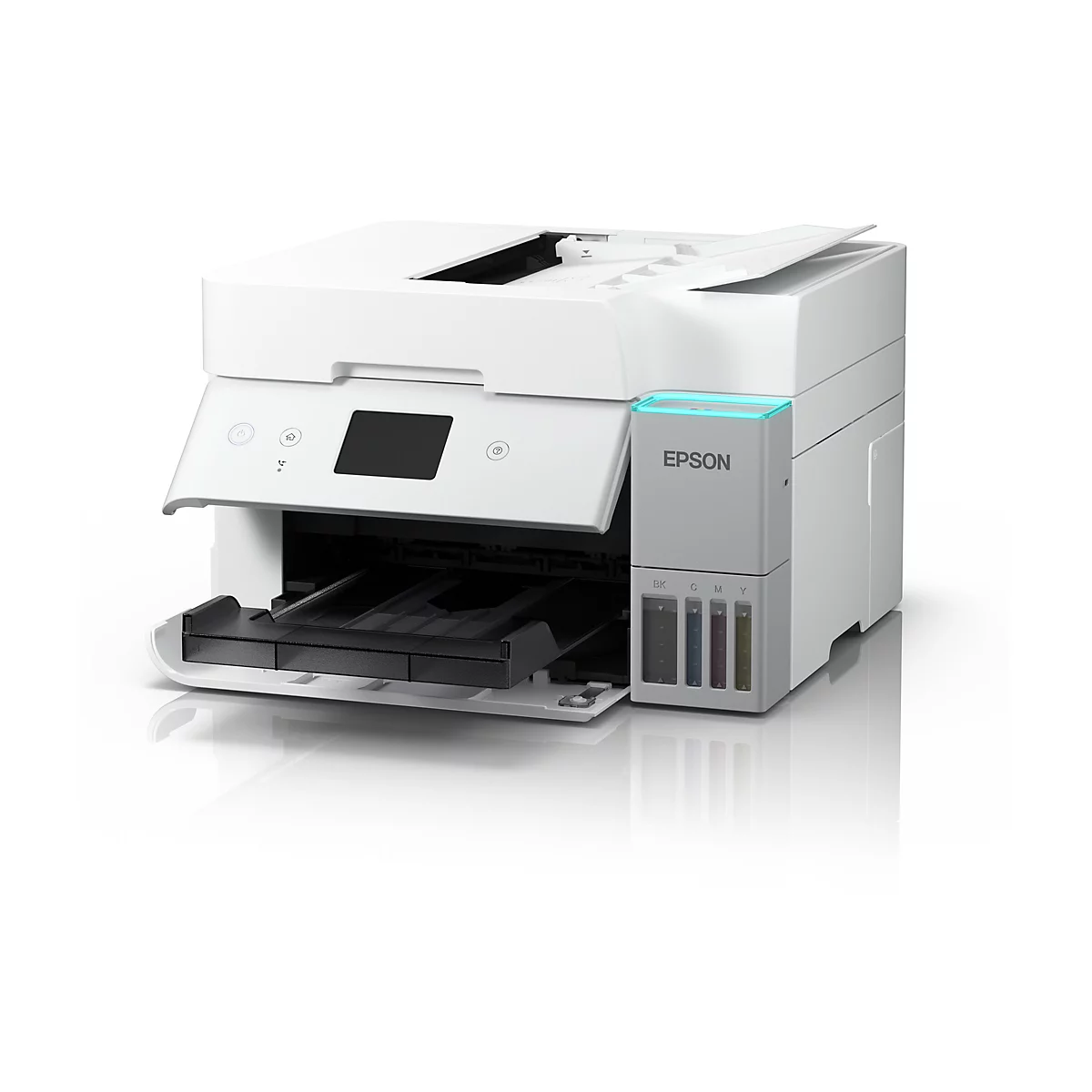 Imprimante blanche sur fond clair. Écran tactile noir, logo Epson. Bac à papier ouvert.