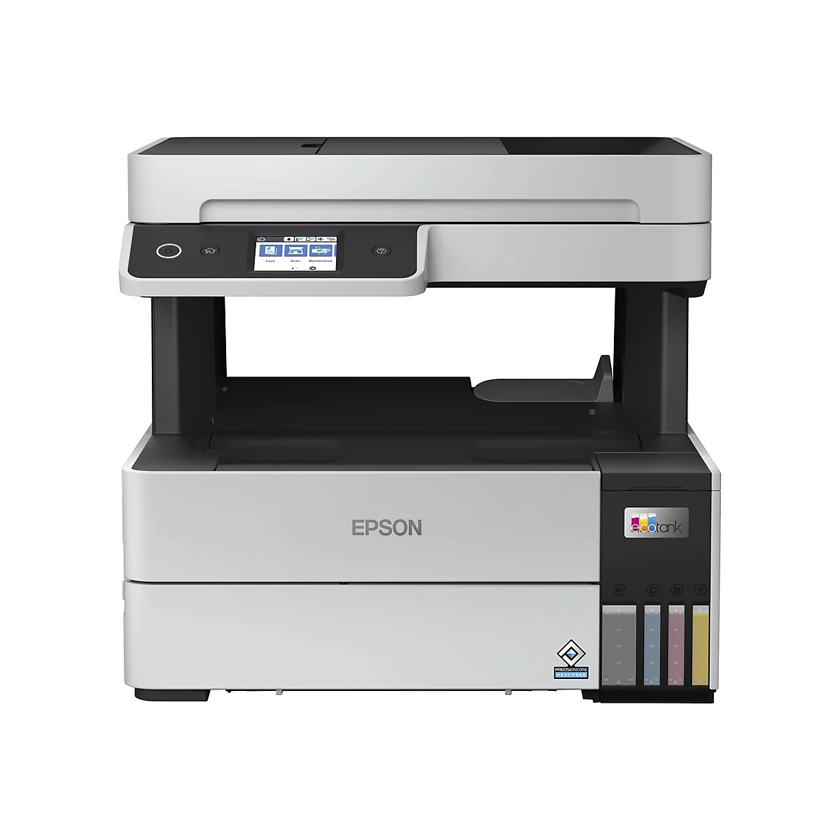 Ein weiß-schwarzer Epson EcoTank Multifunktionsdrucker. Auf dem Display sind die Optionen Kopieren, Scannen und Wartung zu sehen.