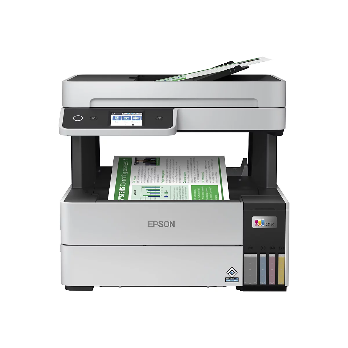 Ein weiß-schwarzer Epson EcoTank Multifunktionsdrucker. Auf dem Display sind Funktionen wie Kopieren, Scannen und Wartung abgebildet. Ein bedrucktes Papier wird gerade ausgeworfen.