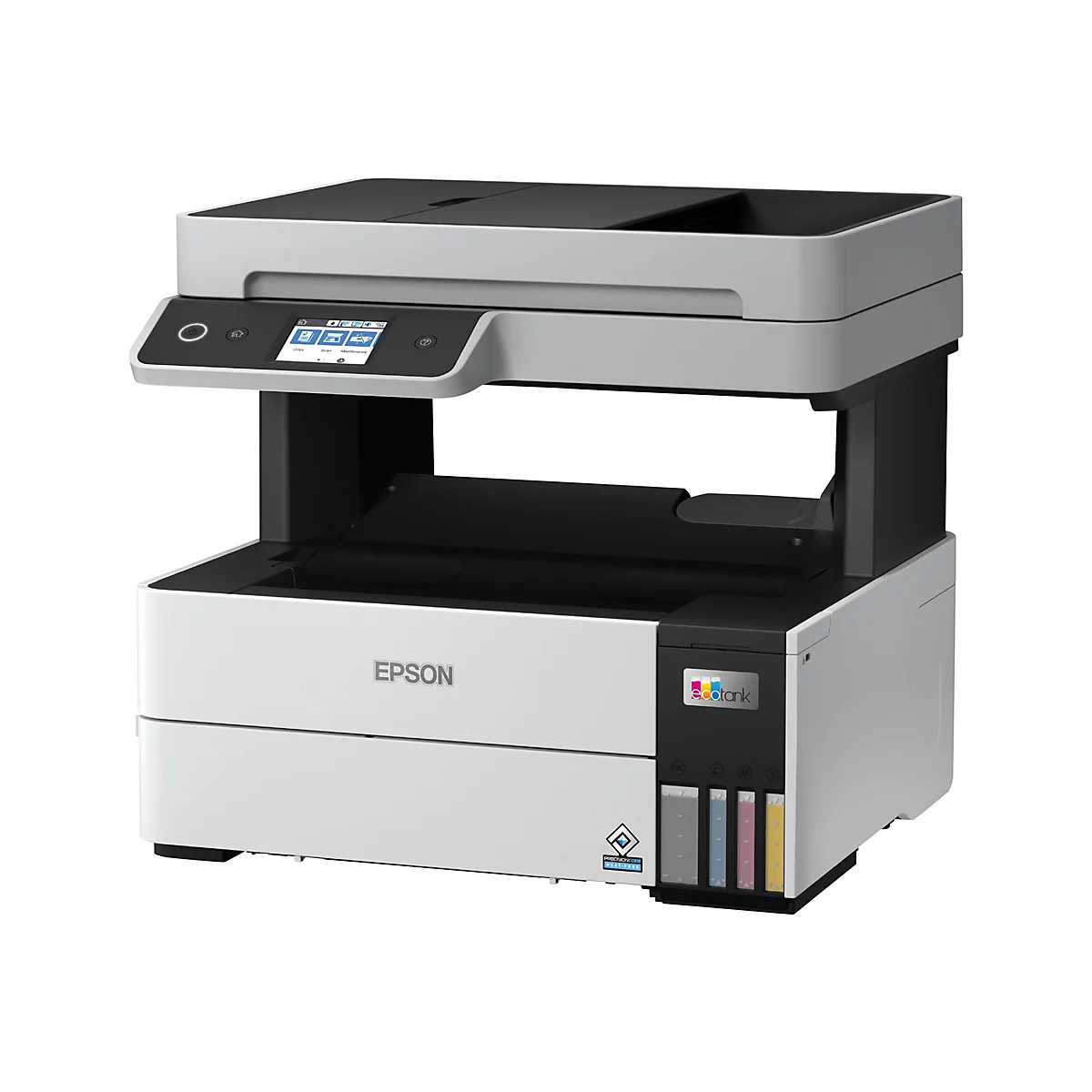 Ein grauer Epson EcoTank-Multifunktionsdrucker vor weißem Hintergrund. Das Bedienfeld zeigt Optionen wie Kopieren, Scannen und Wartung an.