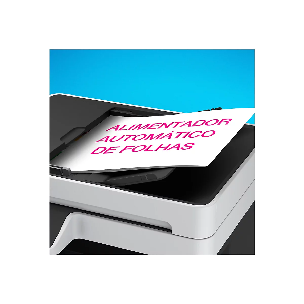 Nahaufnahme eines Teils eines Druckers mit einem Blatt Papier, auf dem in rosa Schrift ALIMENTADOR AUTOMÁTICO DE FOLHAS steht, vor blauem Hintergrund.