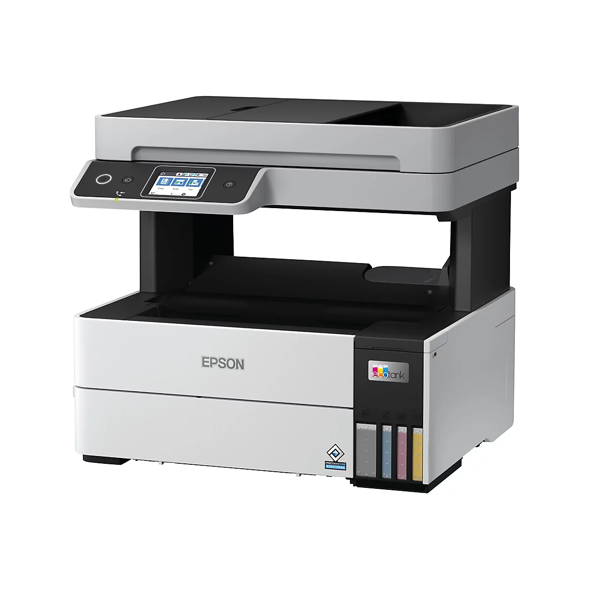 Ein weiß-grauer Epson EcoTank-Multifunktionsdrucker vor weißem Hintergrund. Der Drucker hat einen Touchscreen und Tintentanks.
