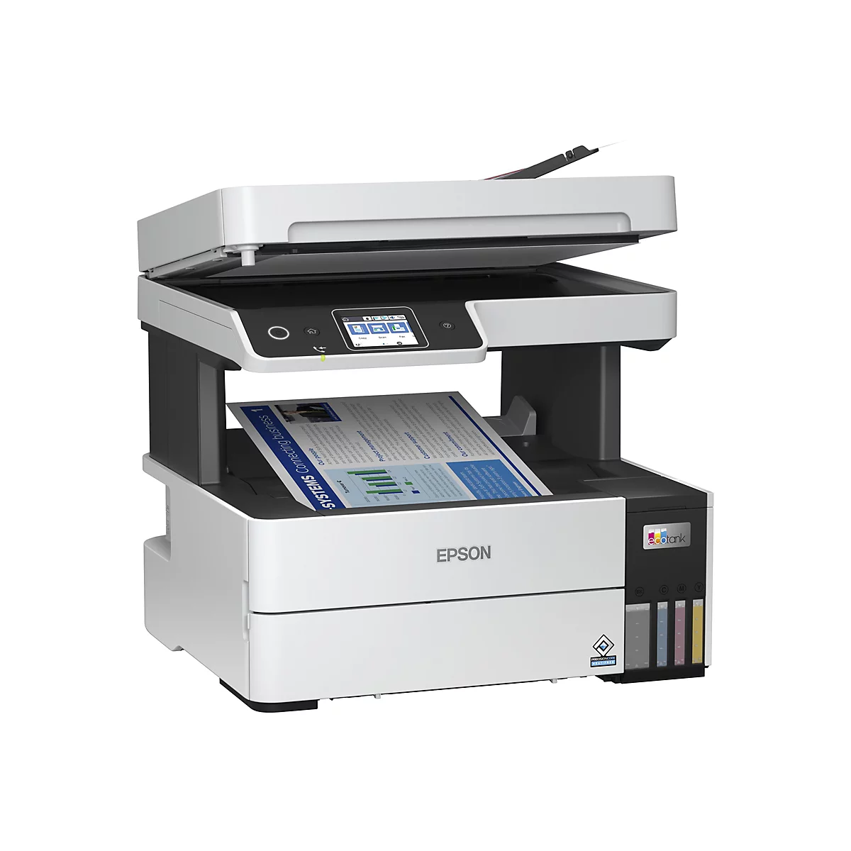 Weiß-schwarzer Epson EcoTank Multifunktionsdrucker mit Tintentanks vorne und bedrucktem Blatt im Ausgabefach.