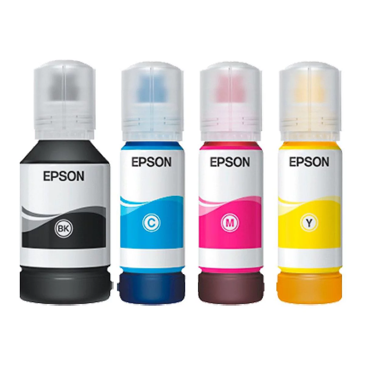 Vier Tintenflaschen von Epson in den Farben Schwarz, Cyan, Magenta und Gelb. Jede Flasche hat einen transparenten Deckel.