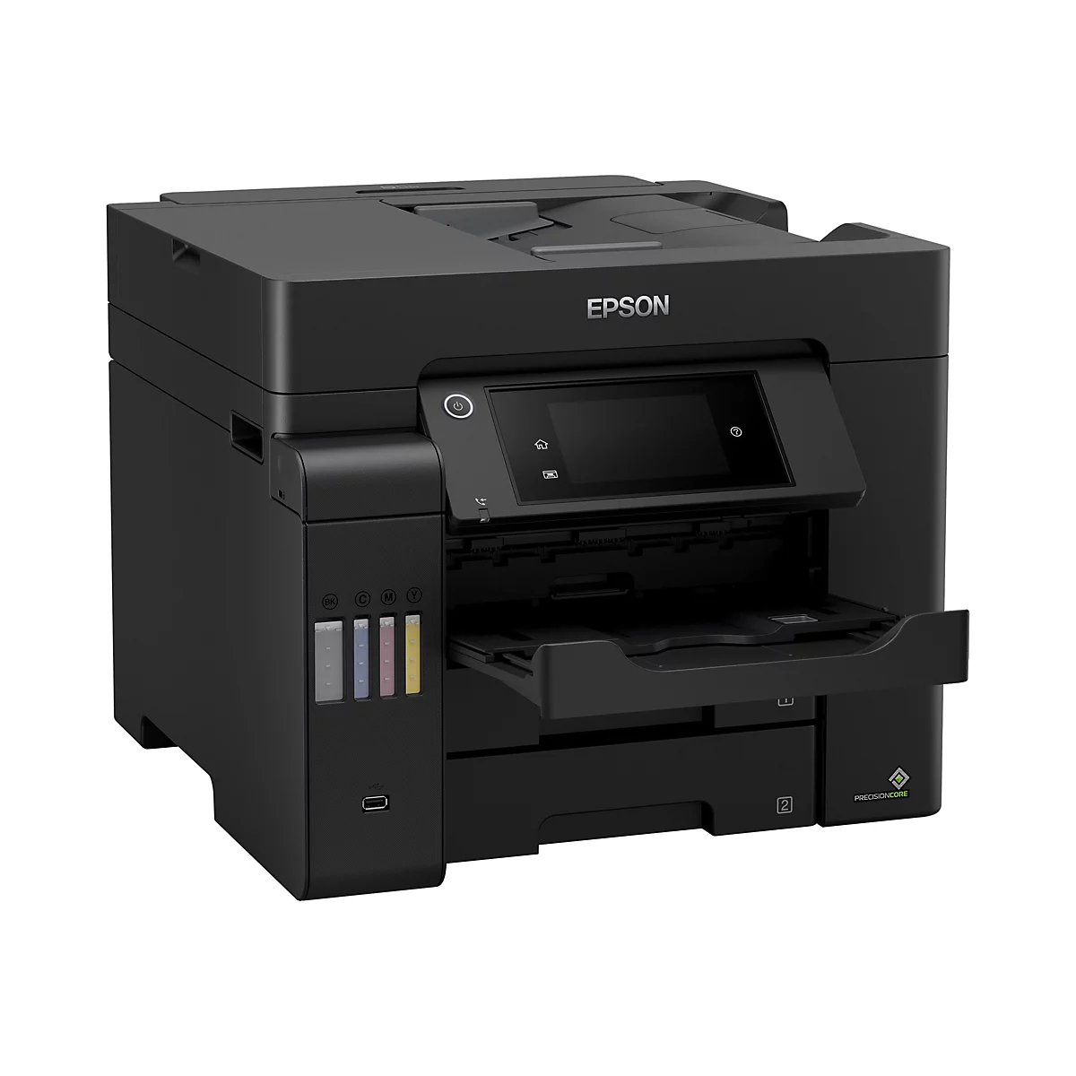 Schwarzer Drucker. Auf dem Display sind Symbole und Schriftzüge zu sehen. Das Epson-Logo ist gut sichtbar.