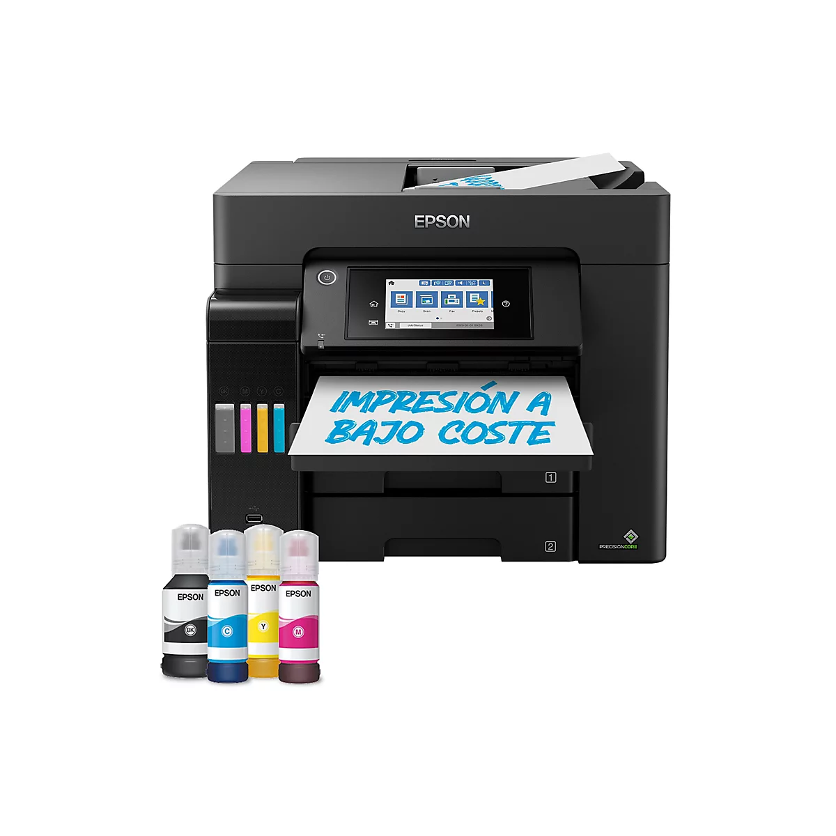 Schwarzer Epson Multifunktionsdrucker mit Papierausdruck mit spanischem Text, Tintenflaschen stehen davor.