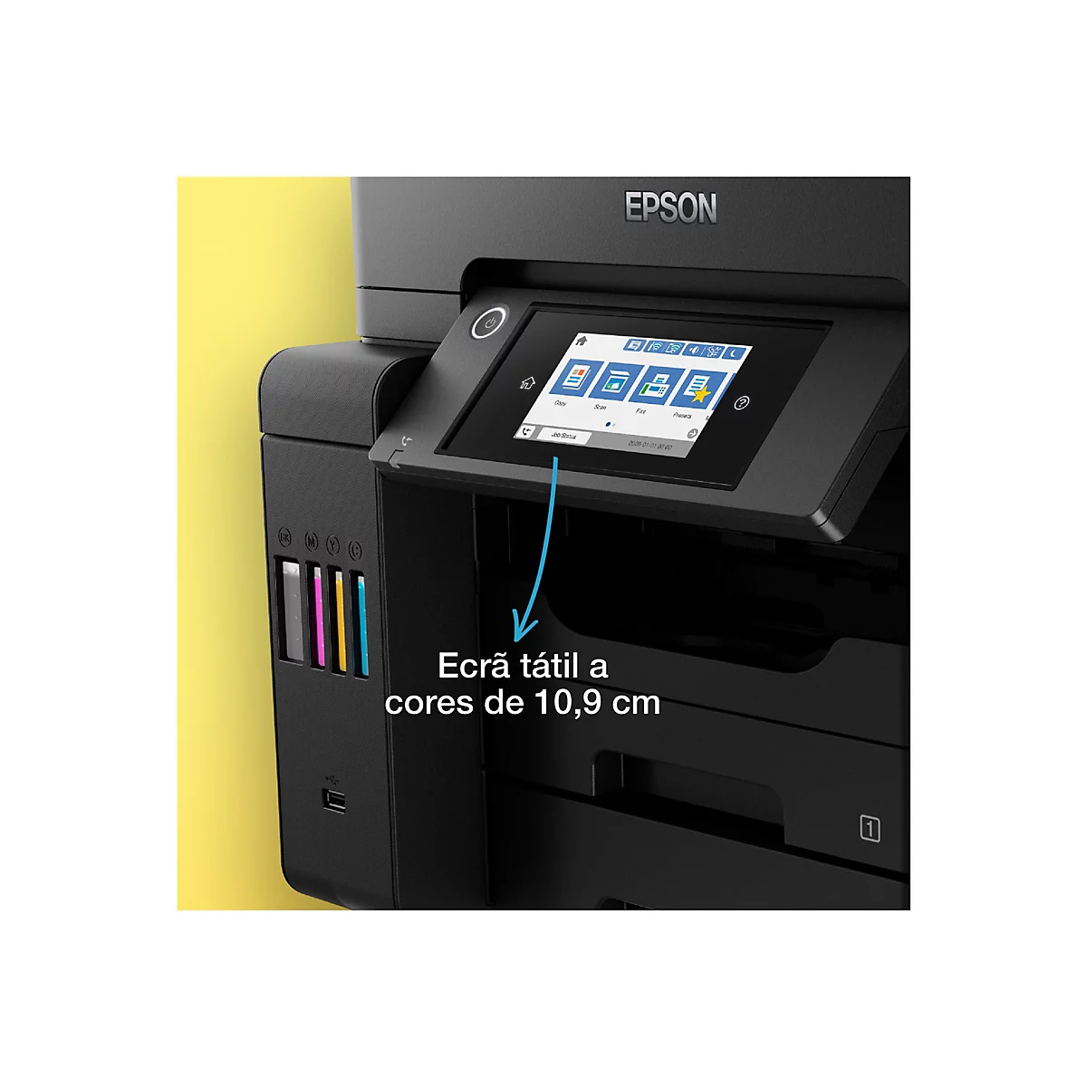 Nahaufnahme eines schwarzen Epson-Druckers mit Farbdisplay. Der Text "Ecrã tátil a cores de 10,9 cm" ist unten rechts zu sehen.