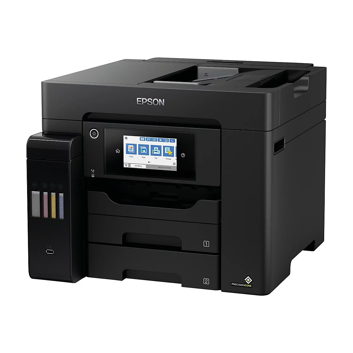 Schwarzer Epson-Multifunktionsdrucker. Das Gerät verfügt über ein Farbdisplay und zwei Papierschubladen. Ein großer Tintenbehälter ist an der Seite sichtbar.
