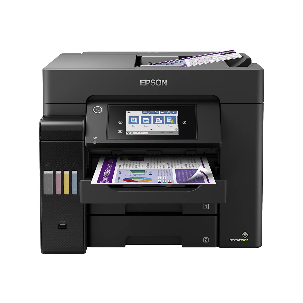 Schwarzer Drucker, bedruckt ein Dokument. Auf dem Bildschirm sind Symbole zu sehen. Das Epson Logo befindet sich oben.