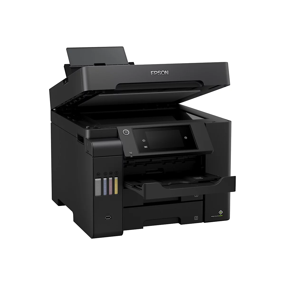 Schwarzer Drucker mit offenem Deckel. Epson Logo oben. Farbtanks sichtbar, Display mit Symbolen.