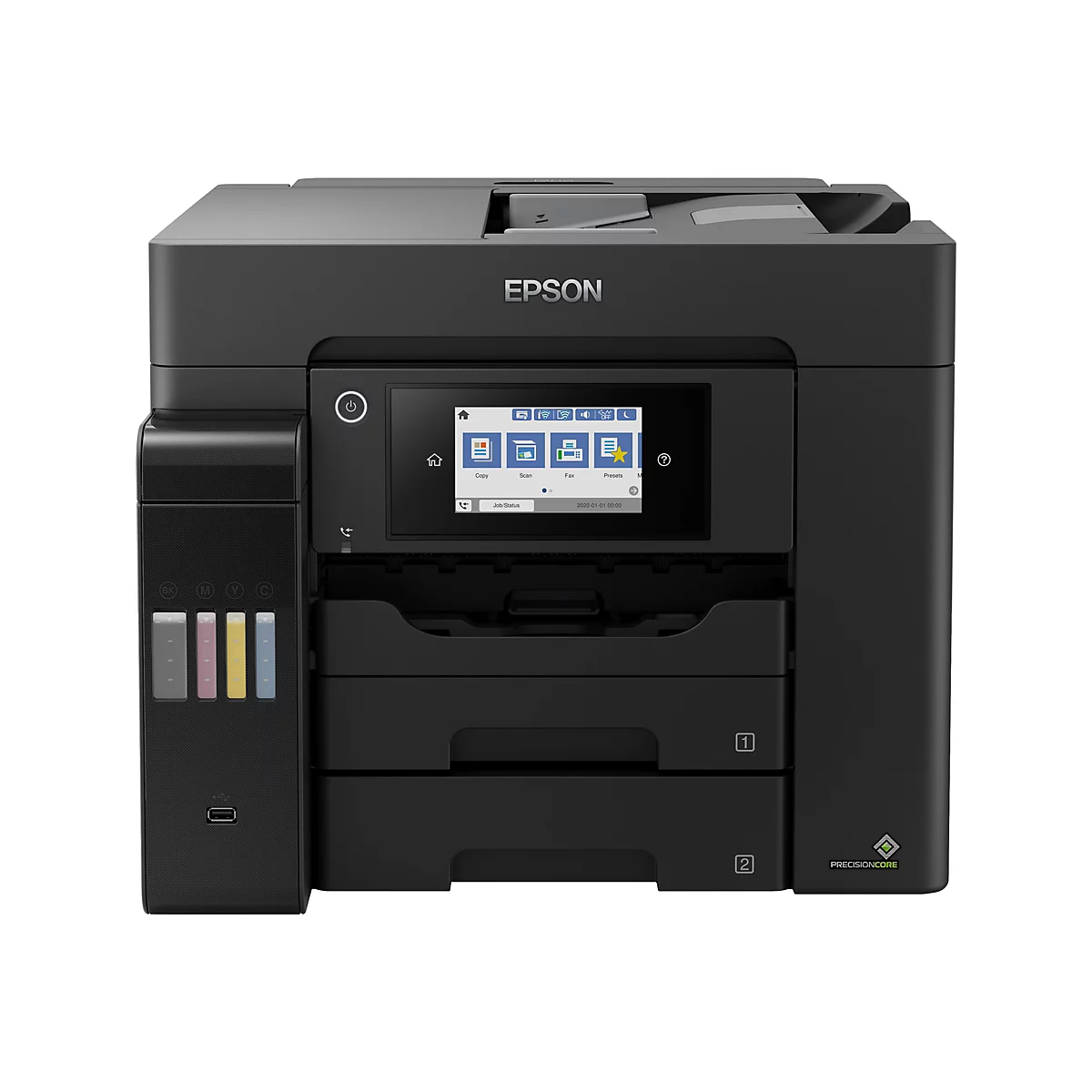 Schwarzer Drucker von Epson mit Farbdisplay und Tintenpatronen. Bedienfeld zeigt Kopie, Scannen, Faxen, Voreinstellungen. Präzisionskern-Logo rechts unten.