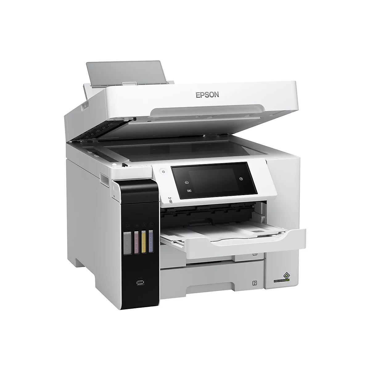 WeiÃŸer Epson-Multifunktionsdrucker, offener Deckel, Papierschublade ausgezogen.