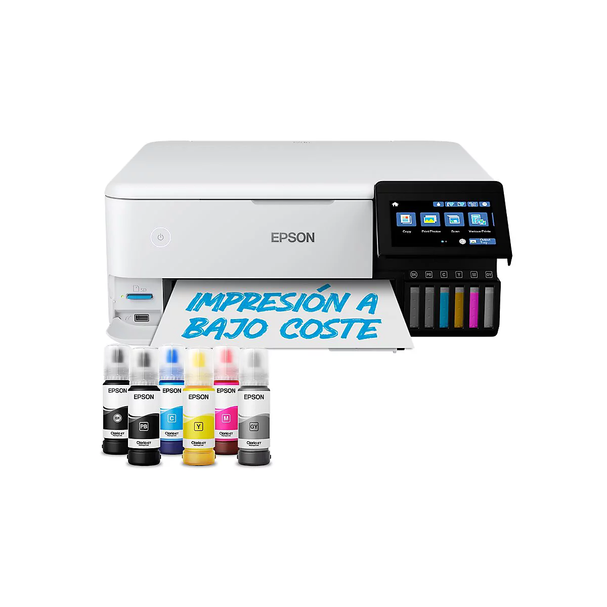 WeiÃŸer Epson-Drucker mit schwarzem Display und Tintenflaschen. Schriftzug IMPRESIÃ“N A BAJO COSTE.