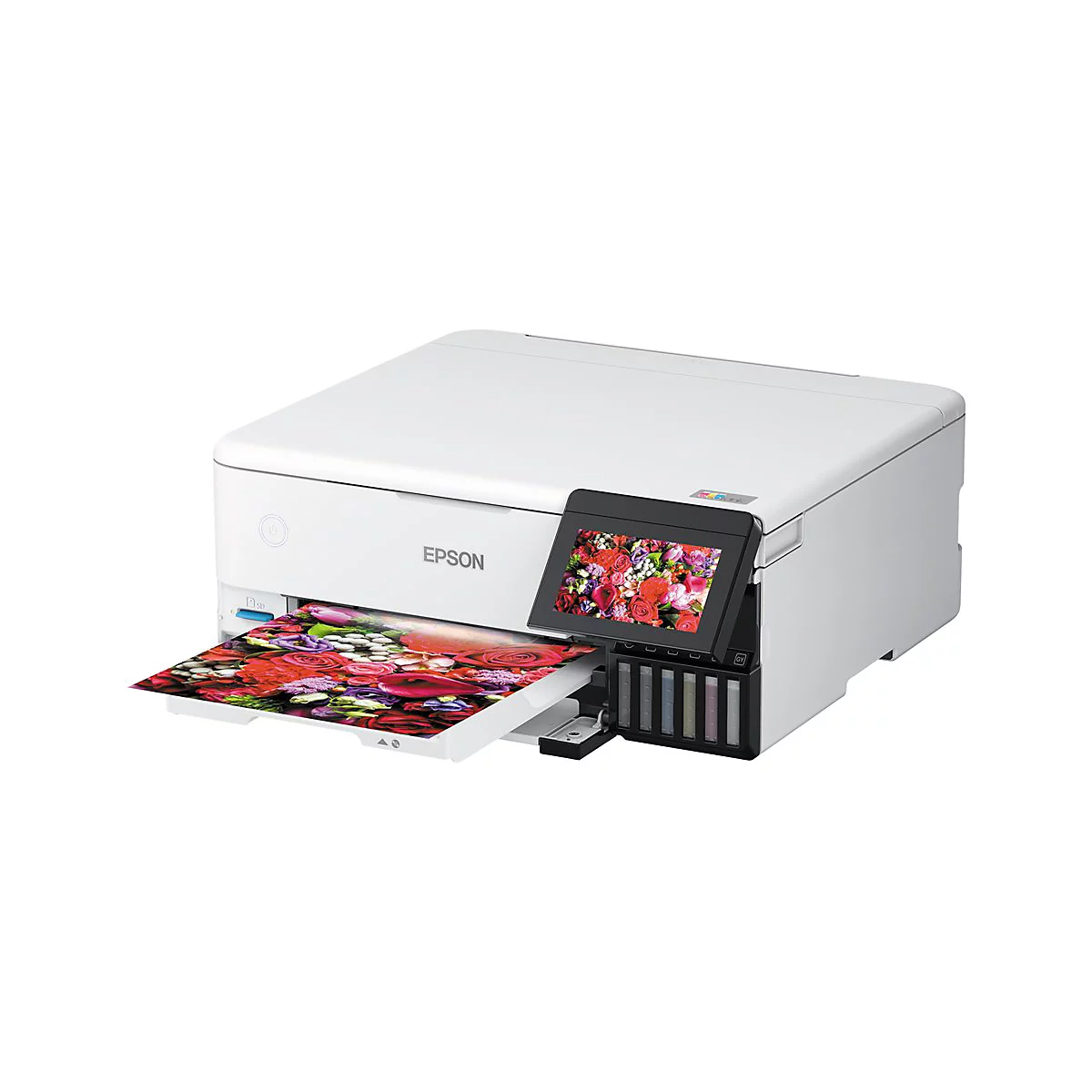 WeiÃŸer Drucker mit farbigem Ausdruck. Auf dem Display wird ein Bild gezeigt, daneben befinden sich Tintenpatronen.