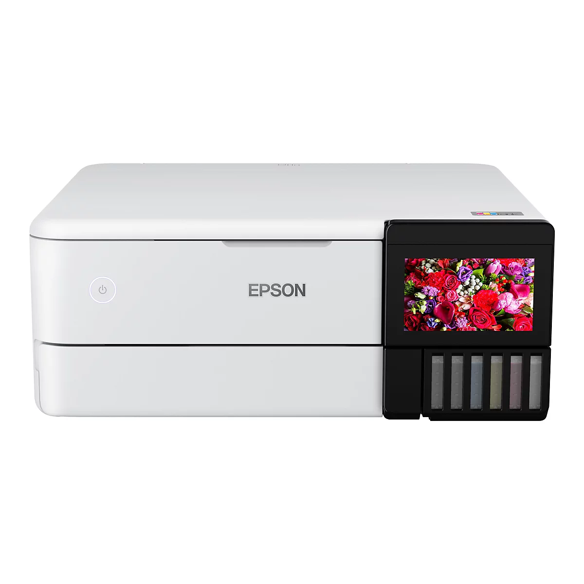 Weißer Drucker mit Epson-Logo und Display mit Blumen. Rechts befinden sich Tintenbehälter. Ein/Aus-Knopf links.