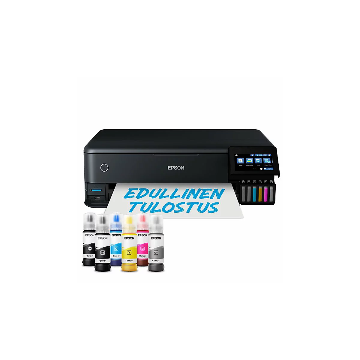 Schwarzer Epson-Drucker mit Tintenflaschen. Auf Papier steht: EDULLINEN TULOSTUS.