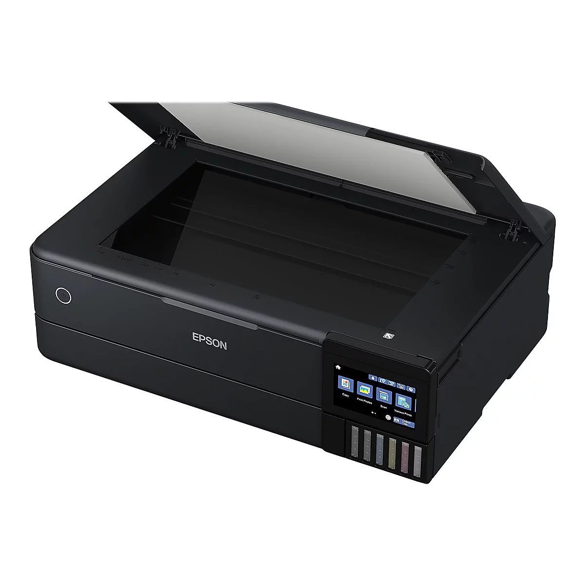 Schwarzer Epson Tintenstrahldrucker mit geöffnetem Scannerdeckel und vorderem Touchscreen-Display.