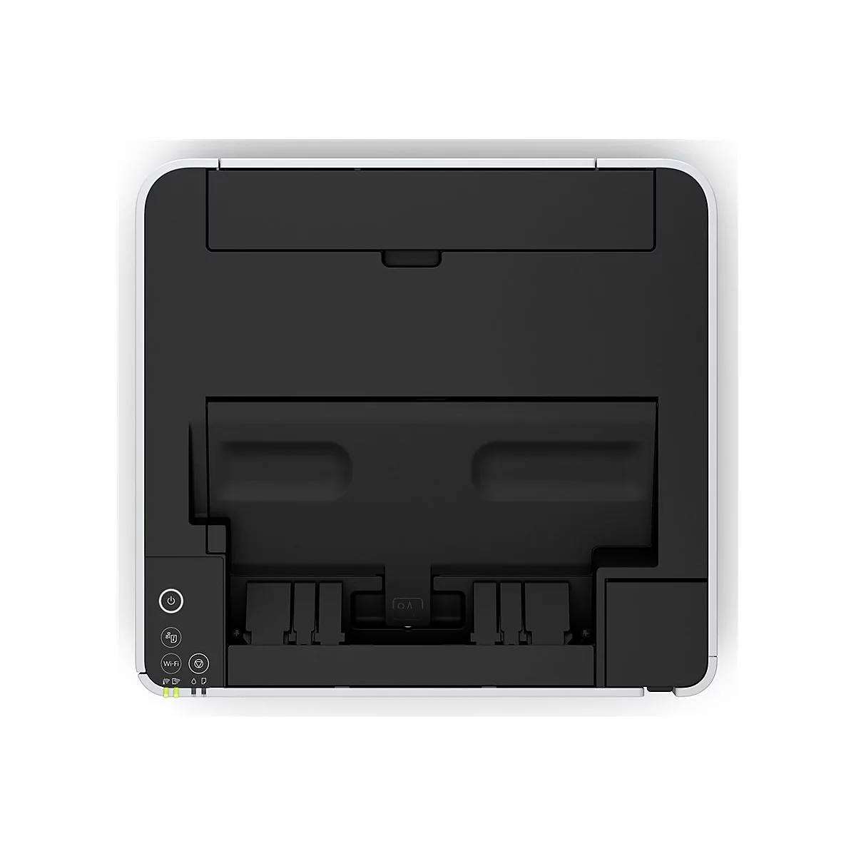 Draufsicht auf einen weißen Drucker mit schwarzem Element. Rechts befindet sich ein Bedienfeld mit Symbolen und Tasten.