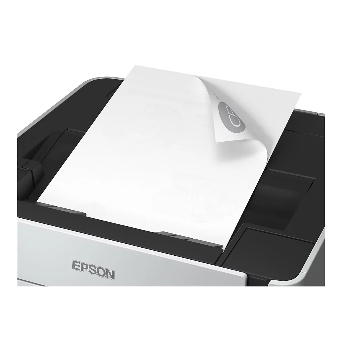 Nahaufnahme eines Druckers mit einem hochgeklappten Blatt Papier, das einen Druckvorgang zeigt. Das Epson Logo ist sichtbar.