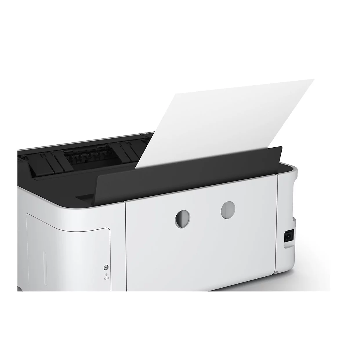 Ein weißer Drucker, aus dem ein Blatt Papier herausragt. Der Drucker hat eine schwarze Papierzufuhr und runde Löcher auf der Vorderseite.
