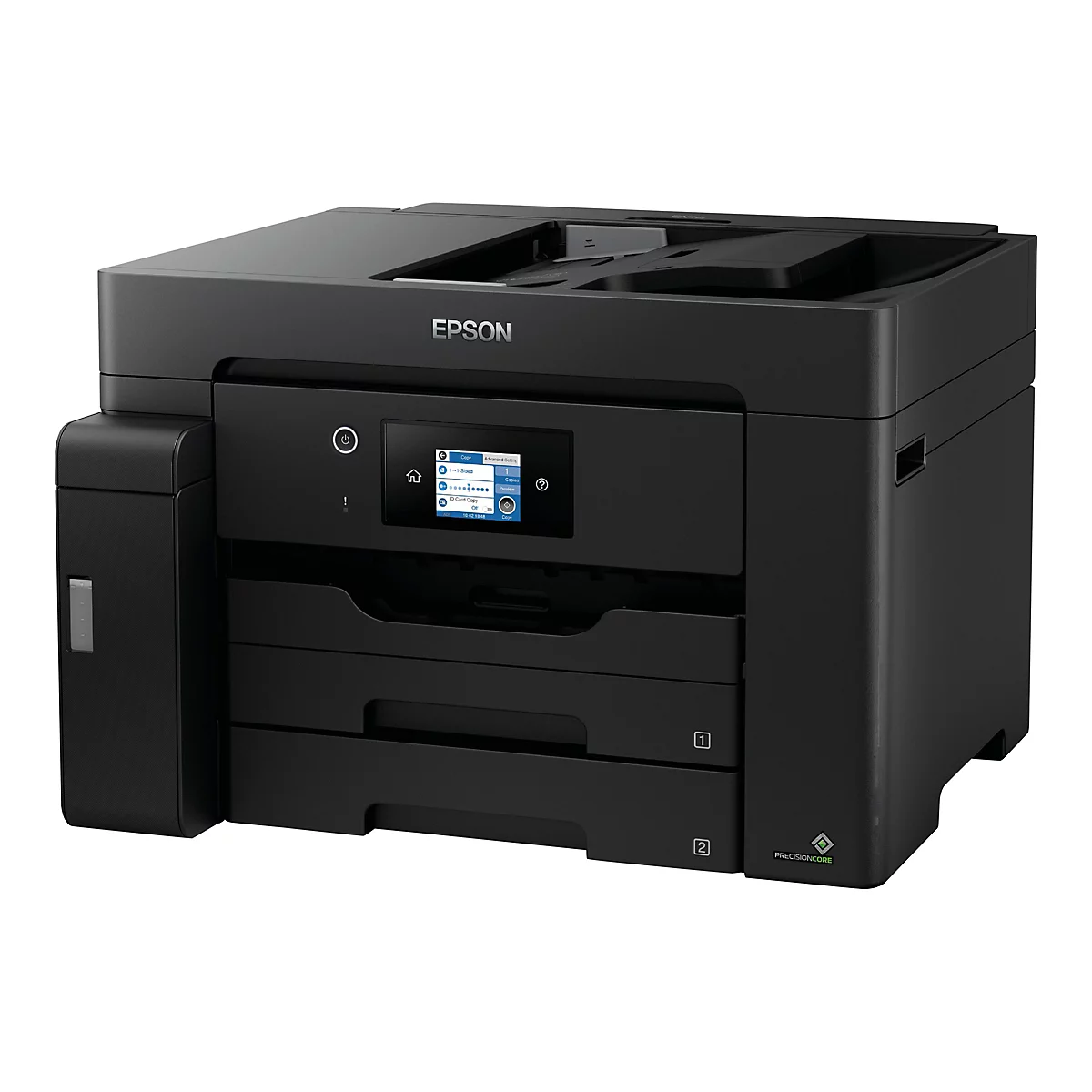 Ein schwarzer Epson-Multifunktionsdrucker. Auf dem Display ist ein Menü mit Optionen wie Kopieren, Einstellungen, Vorschau usw. zu sehen.