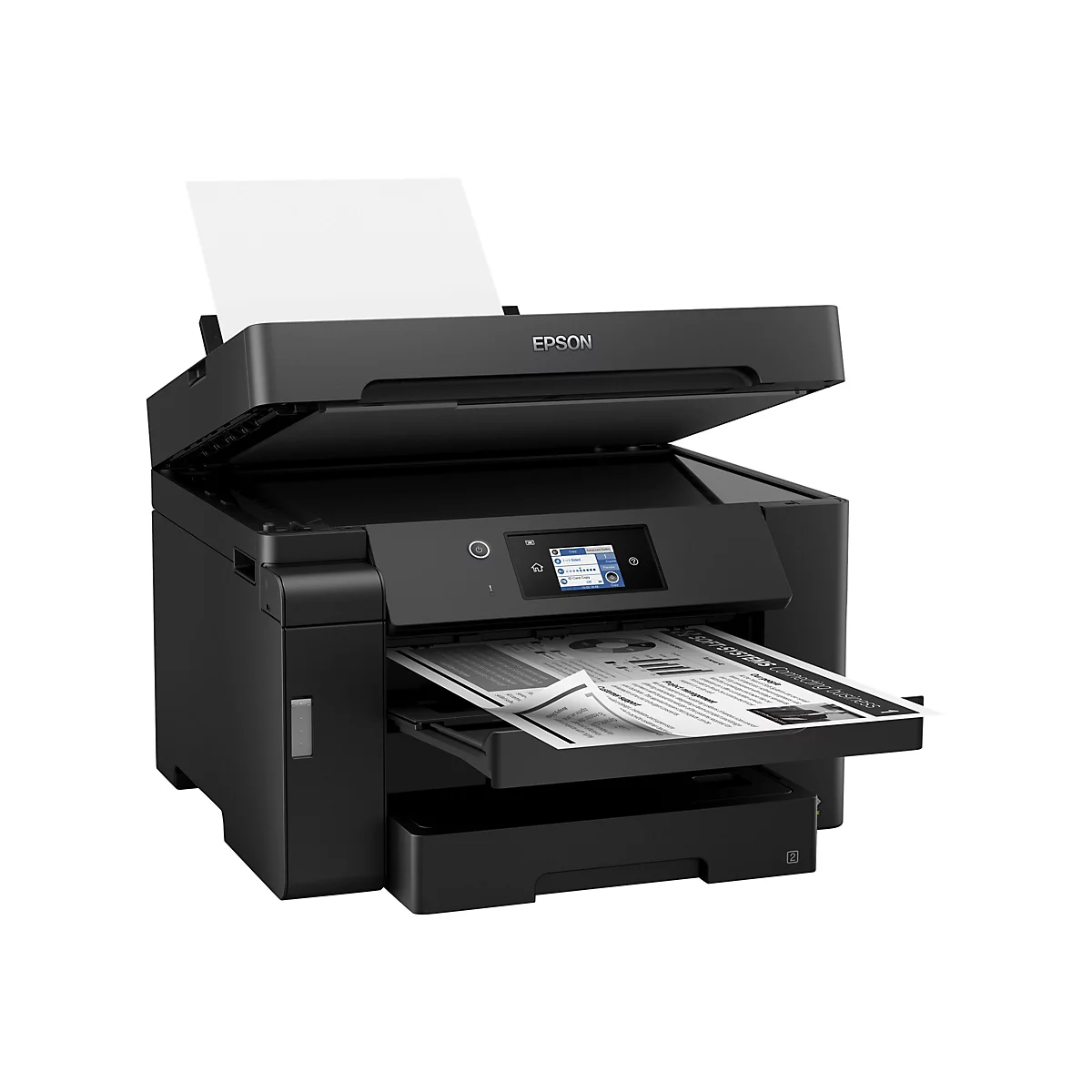 Ein schwarzer Epson-Multifunktionsdrucker. Das Papierfach ist geöffnet, ein Blatt wird gerade bedruckt, ein anderes kommt heraus. Auf dem Bedienfeld ist ein farbiges Display zu sehen.
