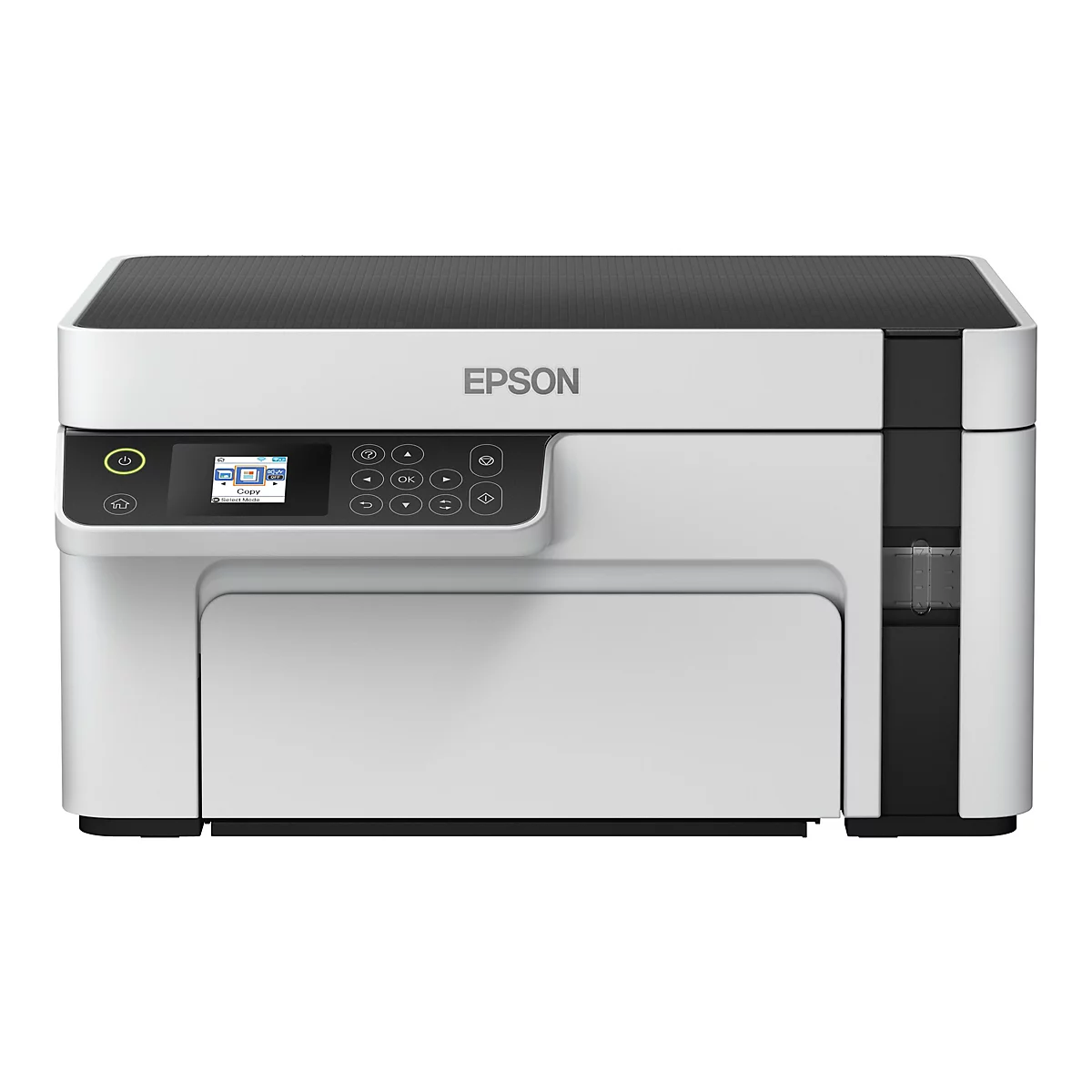 Ein weiß-schwarzer Drucker von Epson. Auf der Vorderseite befindet sich ein kleines Display mit Tasten, darunter die Funktion "Kopieren".