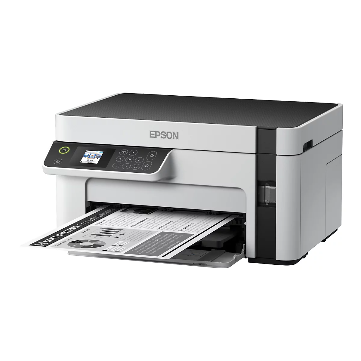 Ein grauer Epson-Multifunktionsdrucker druckt ein Dokument. Oben schwarz, darunter weiß und grau, mit Epson-Logo. Ein Blatt wird bedruckt herausgeführt.