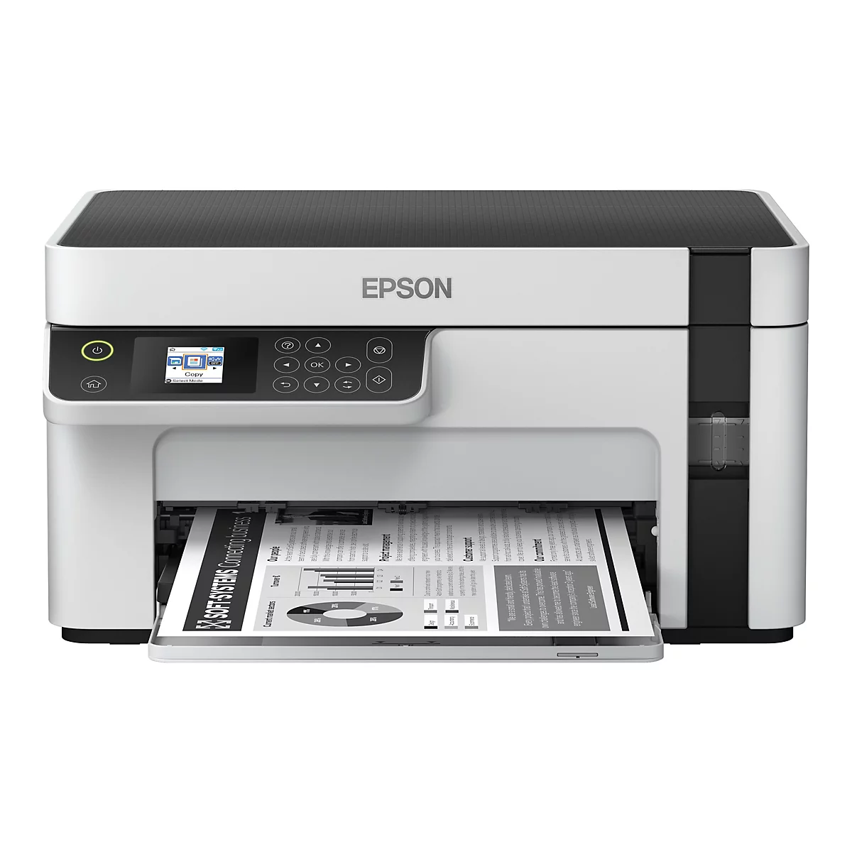 Ein Epson-Multifunktionsdrucker, der ein Blatt Papier bedruckt. Auf dem Bedienfeld befindet sich ein Bildschirm mit Optionen.