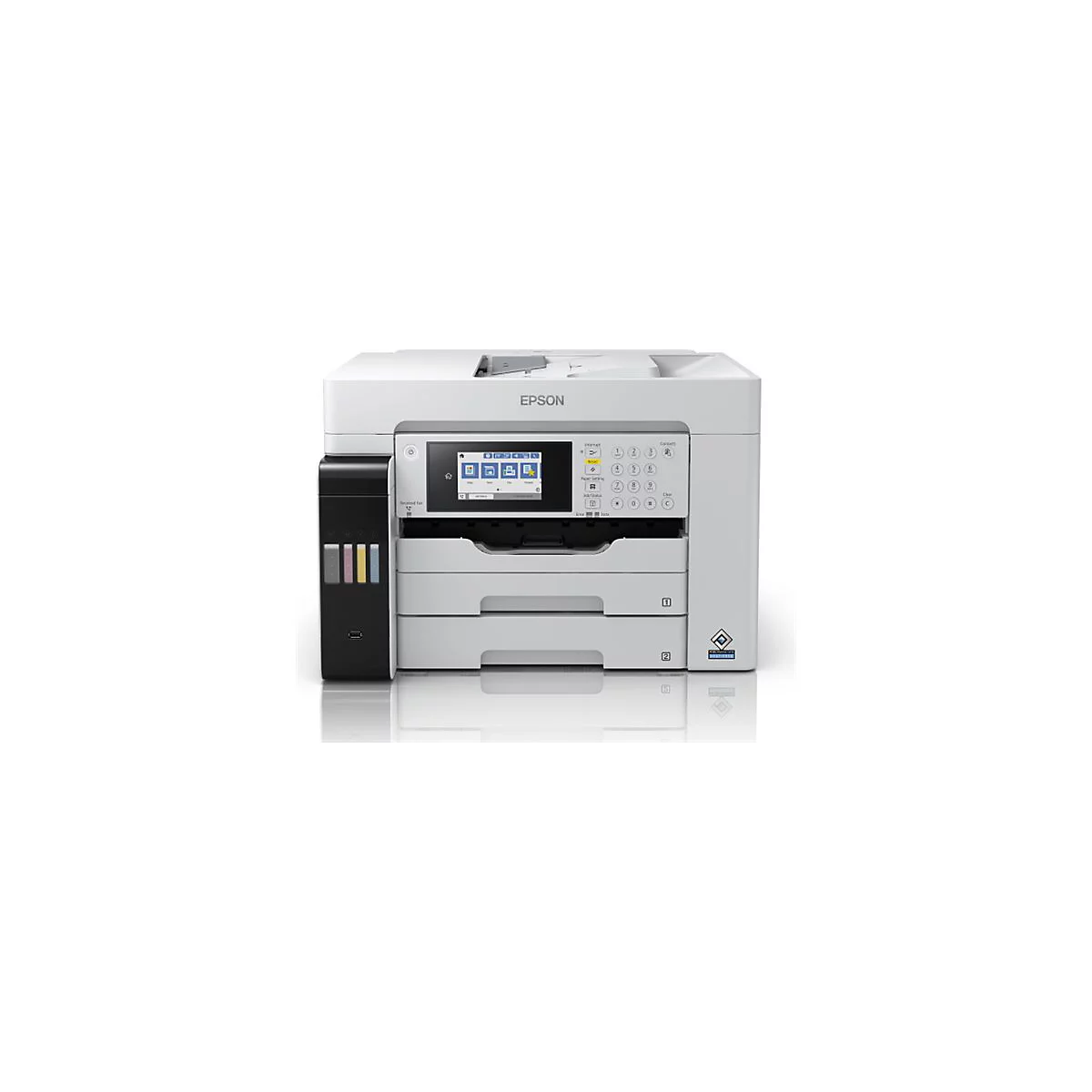 Weißer Drucker mit Bedienfeld, Farbdisplay und Tintenbehälter. Das Epson-Logo ist sichtbar.