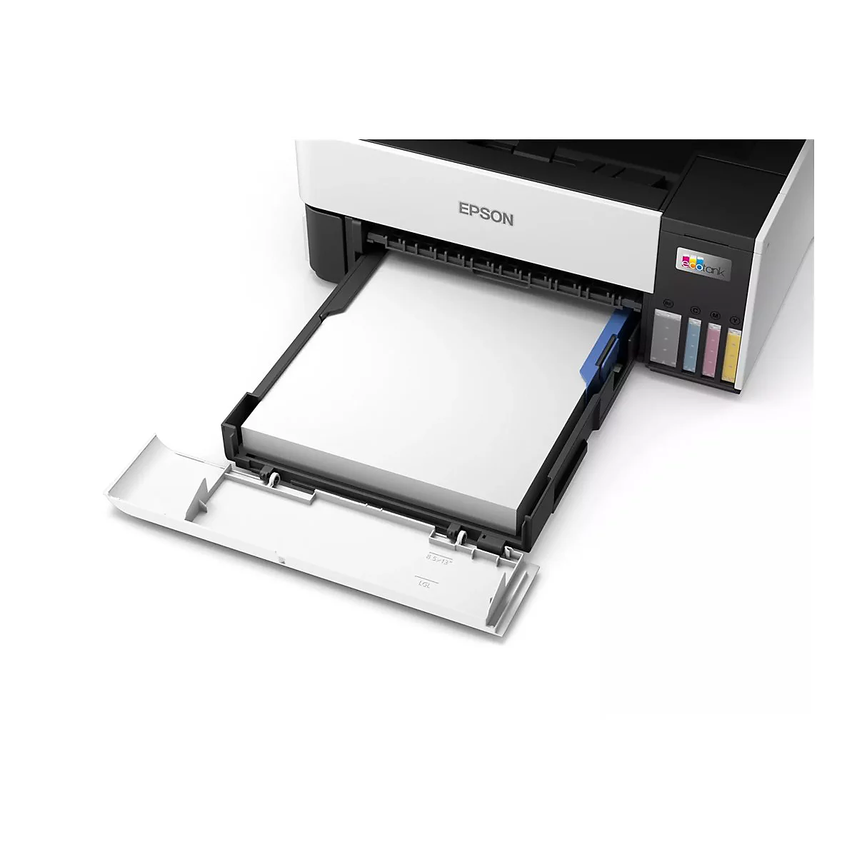 Ein Drucker mit weißem Gehäuse, das Papierfach ist geöffnet. Oben steht das Epson Logo. Daneben ist das Ecotank-System zu sehen.