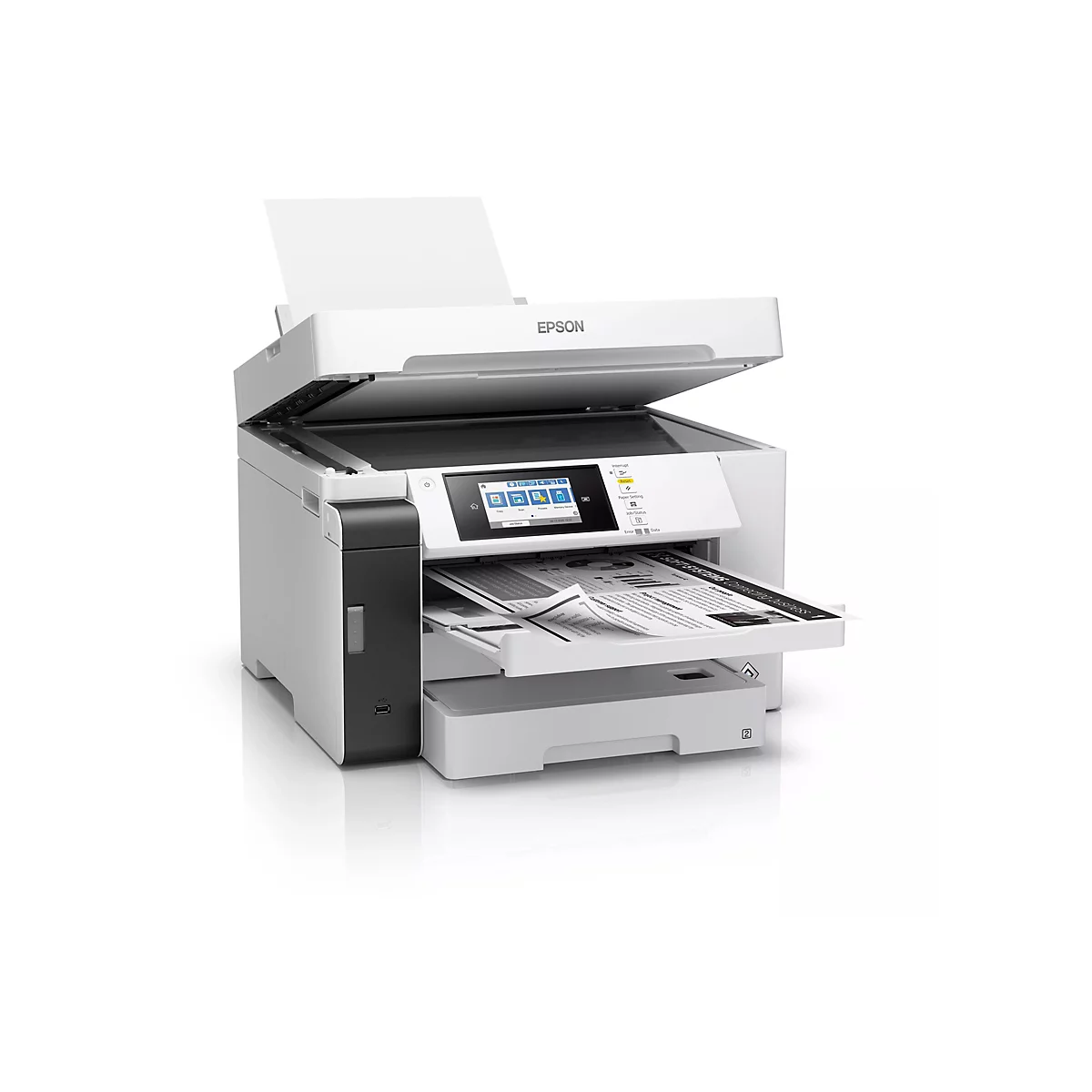 Ein weißer Drucker mit geöffnetem Deckel, der Papier ausgibt. Auf dem Bedienfeld sind Icons zu sehen.