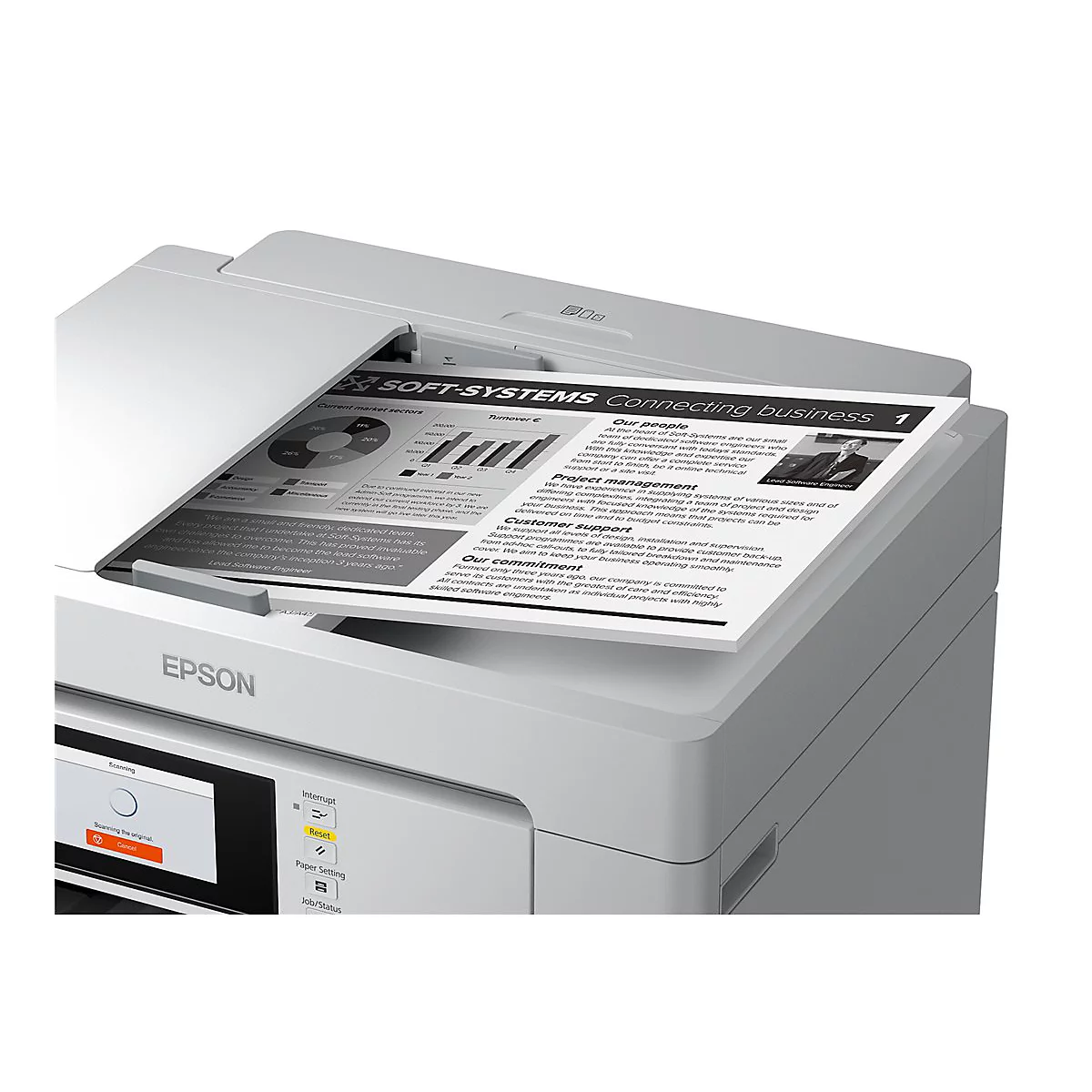 Ein grauer Epson-Drucker druckt ein Dokument mit Diagrammen und Text, der von der Maschine ausgegeben wird. Auf dem Display ist "Scanning the original" zu sehen.