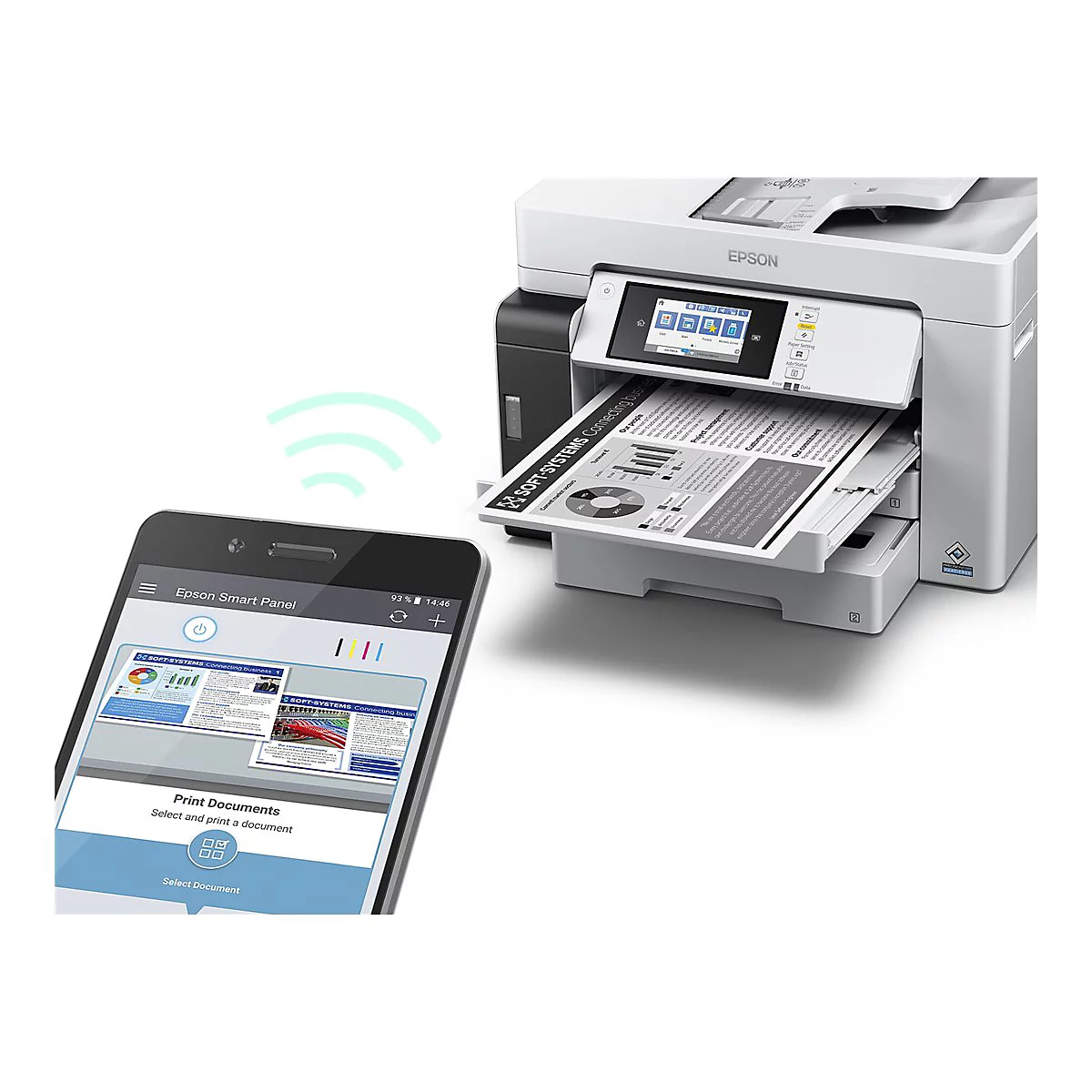 Ein Drucker druckt ein Dokument, während ein Smartphone drahtlos verbunden ist. Auf dem Smartphone wird die Epson Smart Panel App gezeigt.