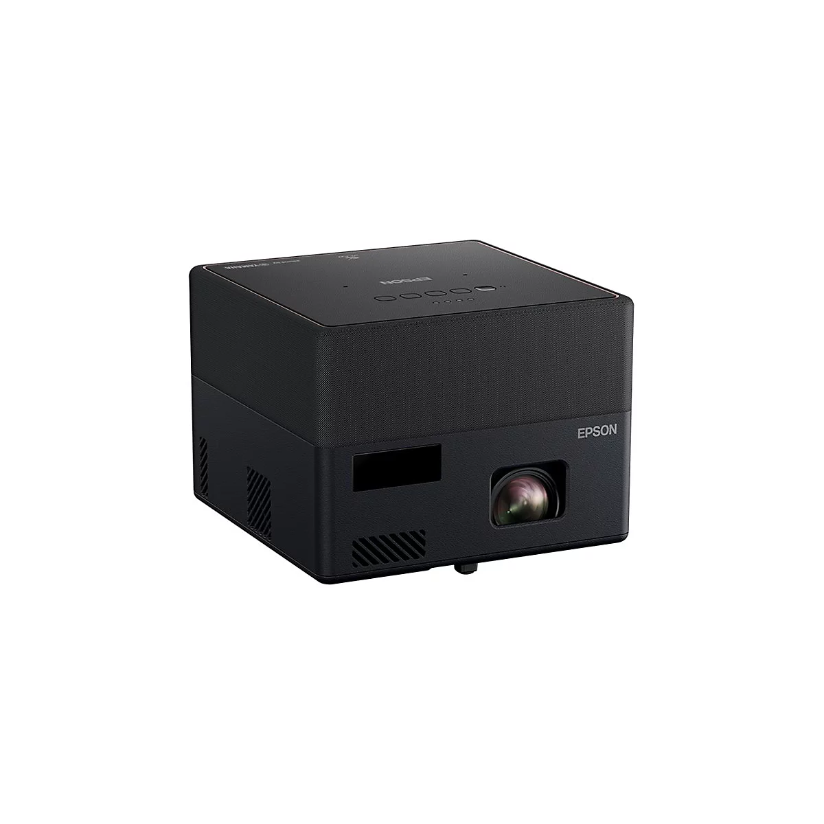 Schwarzer Epson-Projektor mit Objektiv, Tasten und Logo auf hellem Hintergrund. 