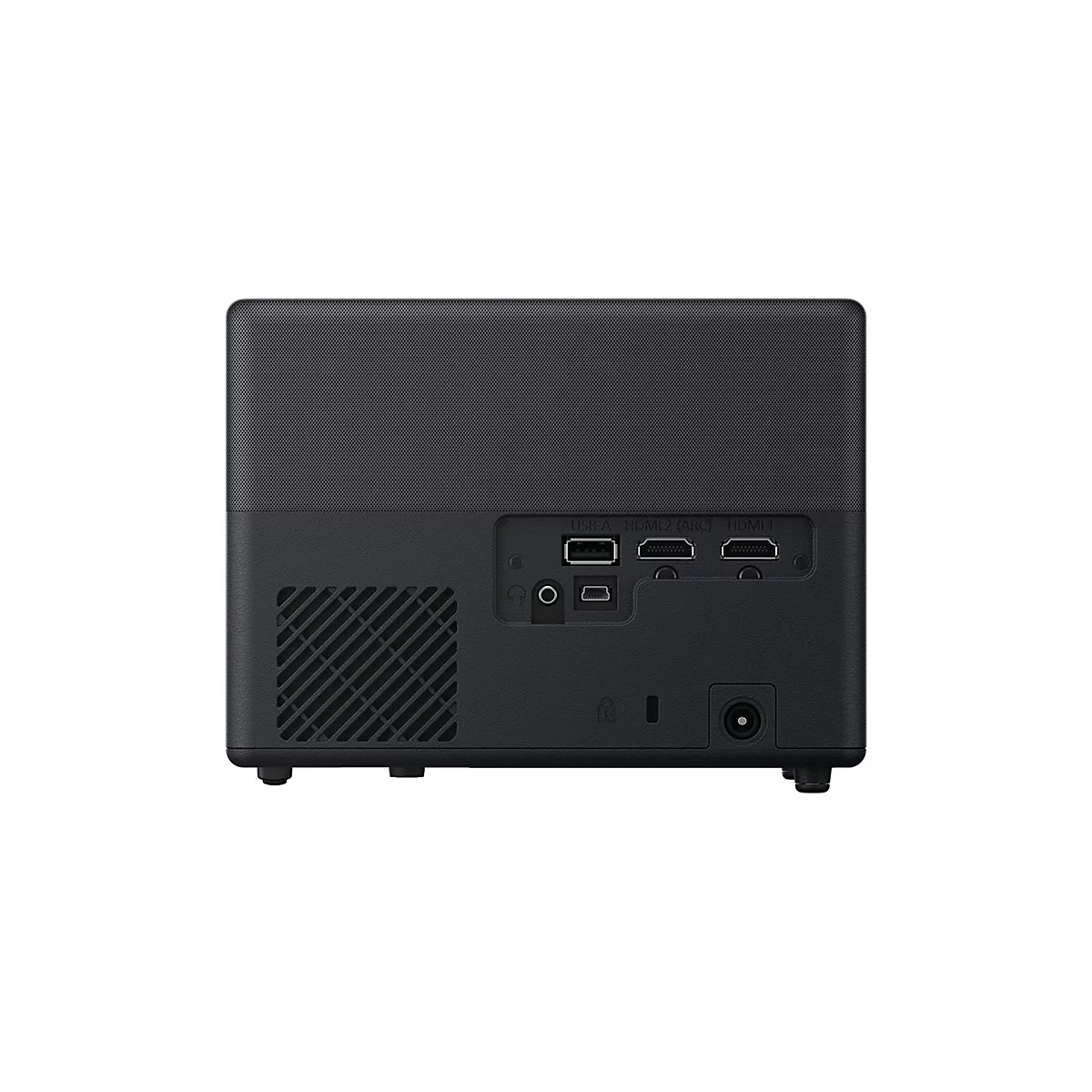 Dunkelgrauer Projektor-Rückseite mit Anschlüssen: USB-A, HDMI, Audio-Ausgang. Schwarzes Gehäuse, weiße Schrift. Auf weißem Hintergrund.