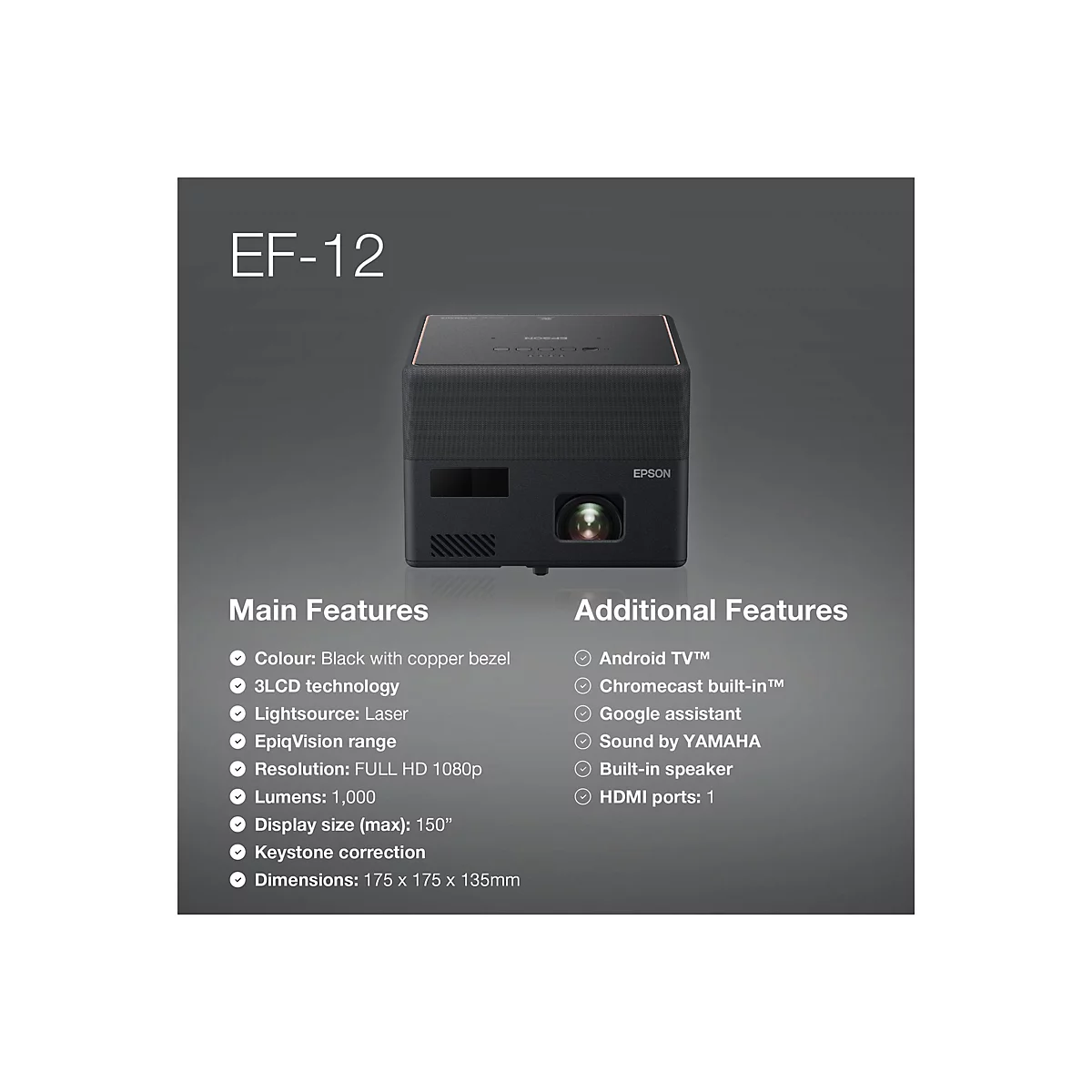 Schwarzer Epson EF-12 Projektor mit kupferfarbenem Rand, Eigenschaften werden durch Check-Markierungen hervorgehoben, einschließlich Full HD 1080p Auflösung und Android TV.
