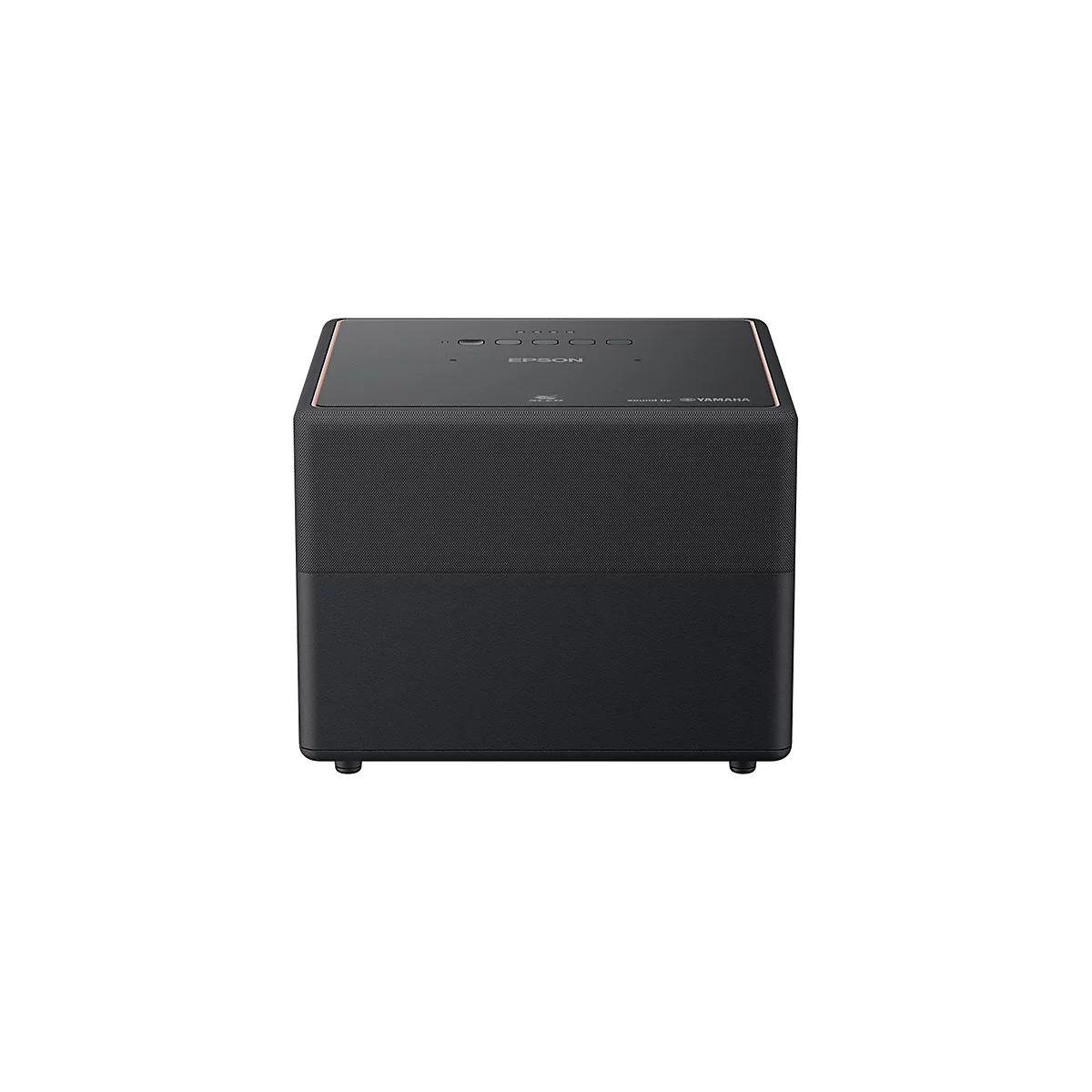 Schwarzer Epson Projektor mit kupferfarbener Umrandung, EPSON-Logo und Sound by Yamaha-Schriftzug.