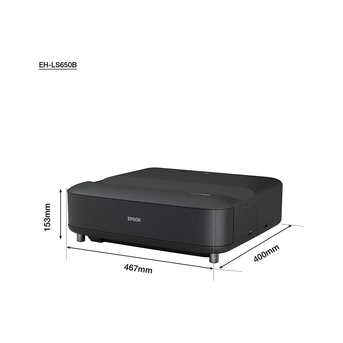 Schwarzer Epson Projektor EH-LS650B. Maße: 467mm x 400mm x 153mm. Aufschrift: EPSON.