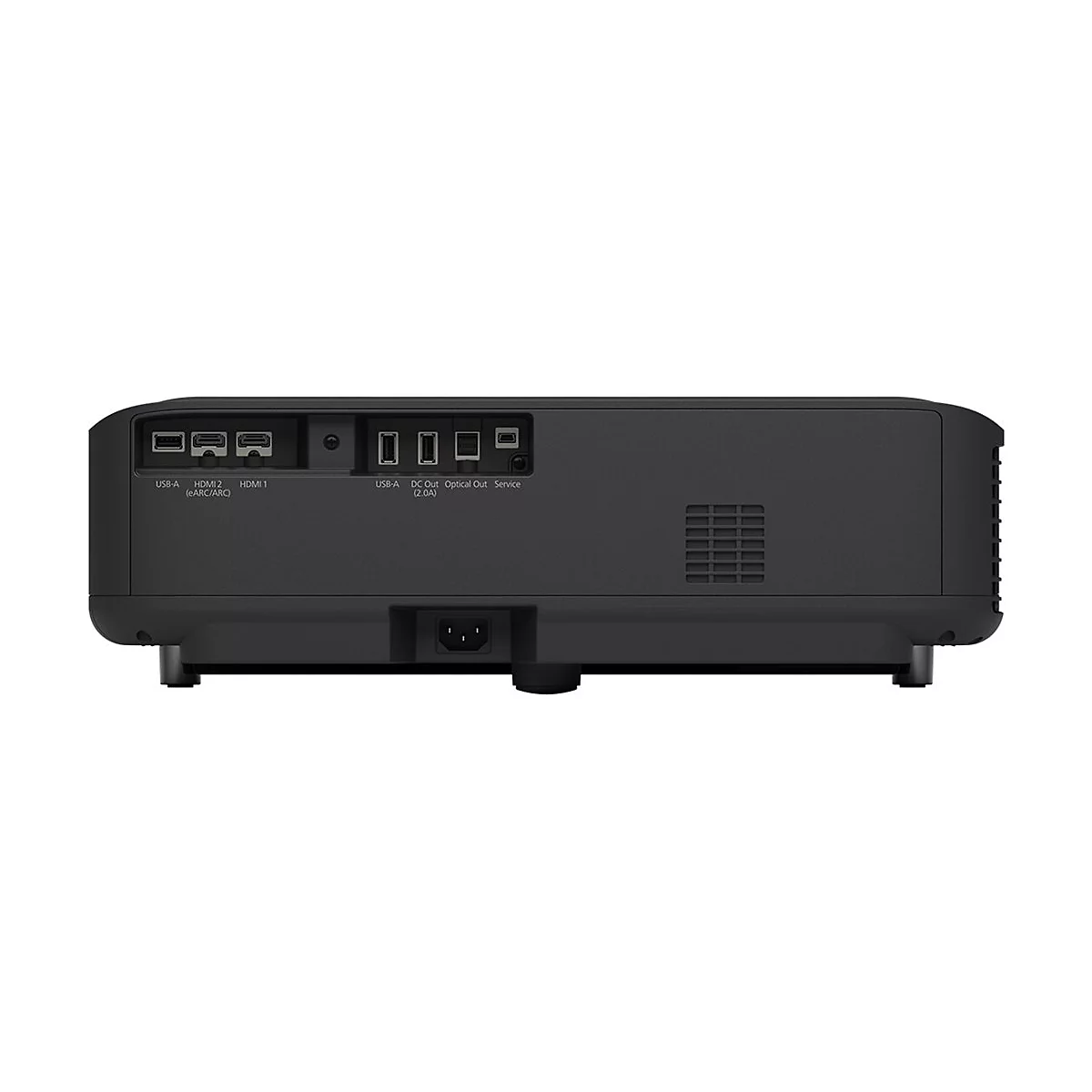 Rückseite eines schwarzen Projektors mit Anschlüssen: USB, HDMI, DC Out und Service. Unten ein Stromanschluss.