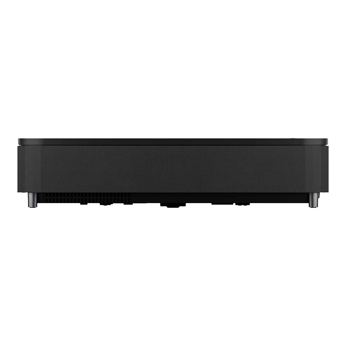 Schwarzer Projektor, Frontansicht, auf weißen Hintergrund. Geriffelte Oberfläche, metallische Füße.