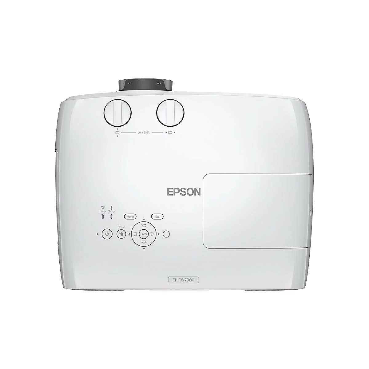Weißer Epson Projektor. Zwei Linsen, Steuerungsknöpfe und das Epson-Logo sind deutlich zu sehen.